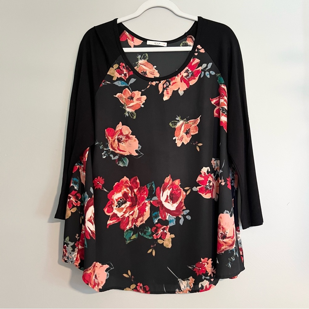 Lelis Vernon Black Floral Long Sleeve Mixed Media Tunic Top